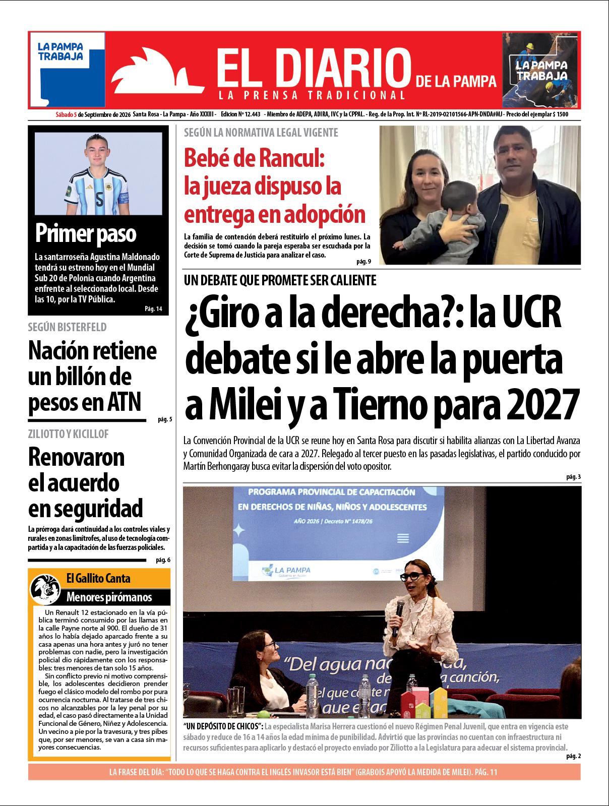 Tapa de El Diario en papel  saacutebado 05 de septiembre de 2026